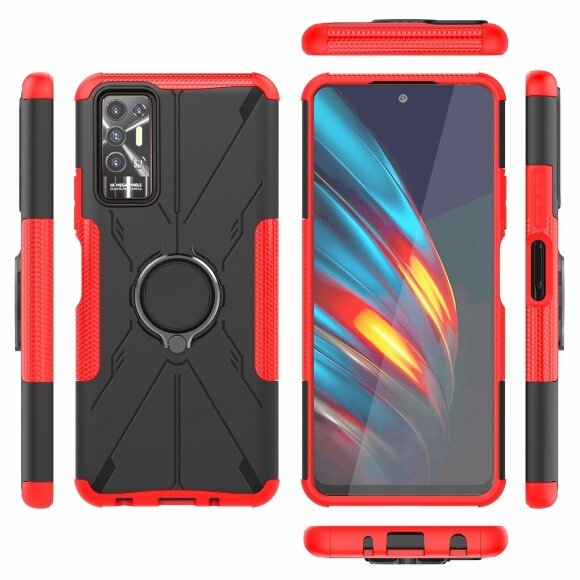 Чехол Armor Shockproof Ring Holder для Tecno Pova 2 (черный + красный) Чехол Armor Shockproof Ring Holder для Tecno Pova 2 (черный + красный)