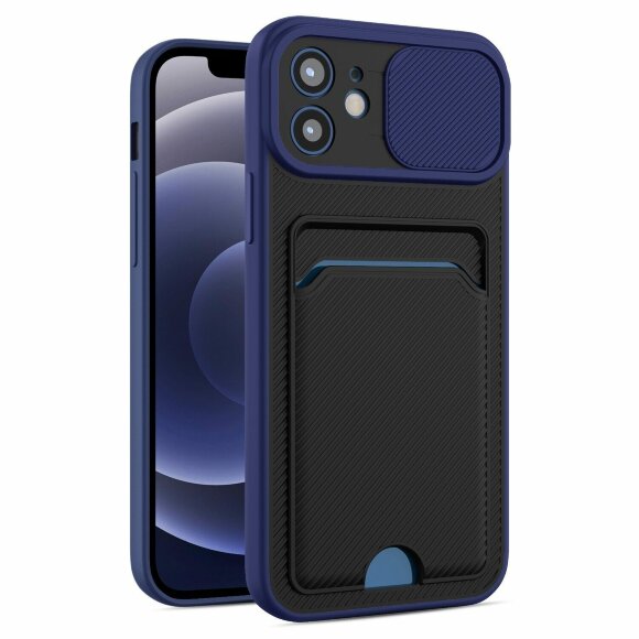 Чехол с отделением для карт и защитой камеры для iPhone 12 Pro Max (темно-синий)