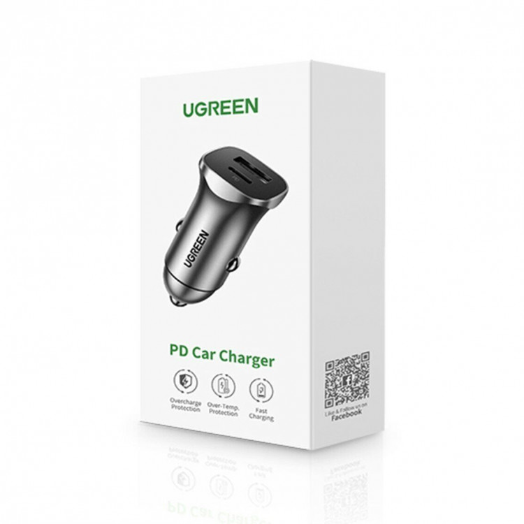 Автомобильное зарядное устройство UGREEN CD130 (30780), USB-A + USB-C; 20W Fast Charge, Silver