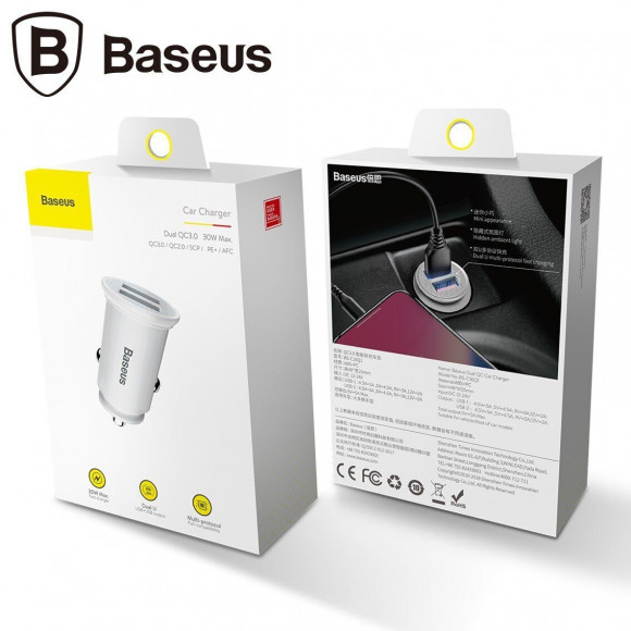 Автомобильное зарядное устройство Baseus Circular 30W Dual QC3.0 Quick Charger (белый) Автомобильное зарядное устройство Baseus Circular 30W Dual QC3.0 Quick Charger (белый)