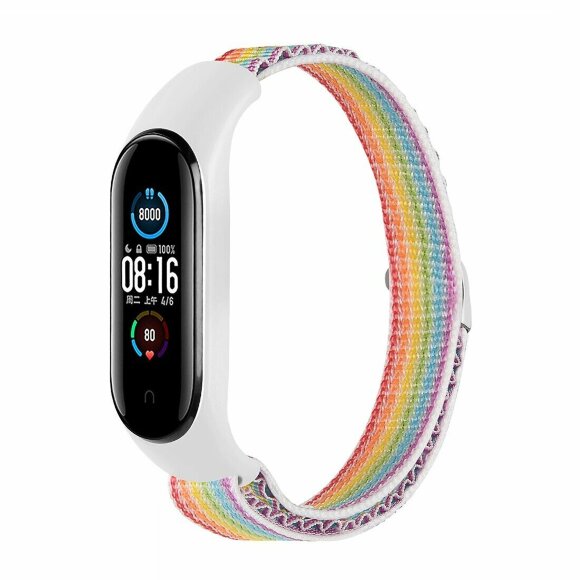 Ремешок Альпийская петля для Xiaomi Mi Band 7 / Mi Band 6 / Mi Band 5 / Mi Band 4 / Mi Band 3 (белый + радужный)