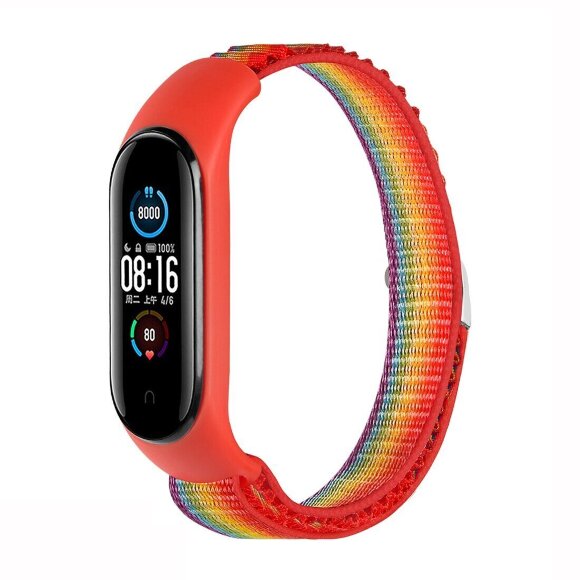 Ремешок Альпийская петля для Xiaomi Mi Band 7 / Mi Band 6 / Mi Band 5 / Mi Band 4 / Mi Band 3 (красный + радужный)