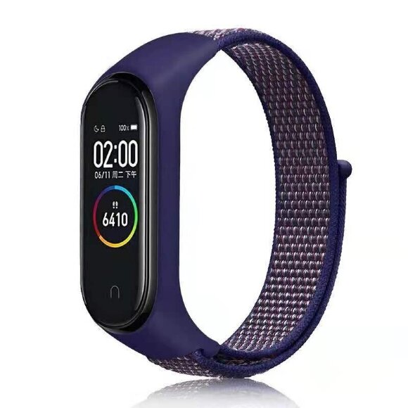 Нейлоновый ремешок для Xiaomi Mi Band 6 / Mi Band 5 / Mi Band 4 / Mi Band 3 (синий с фиолетовой прострочкой)