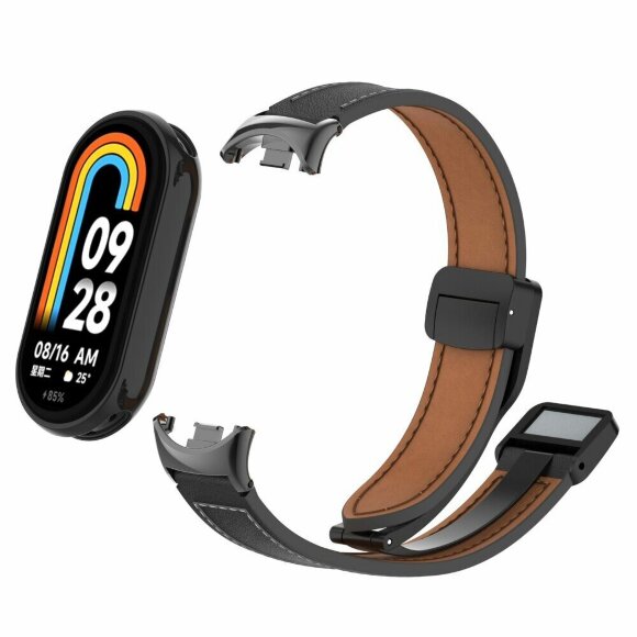 Кожаный ремешок с магнитной застежкой для Xiaomi Mi Smart Band 8, Xiaomi Mi Band 8 (черный)