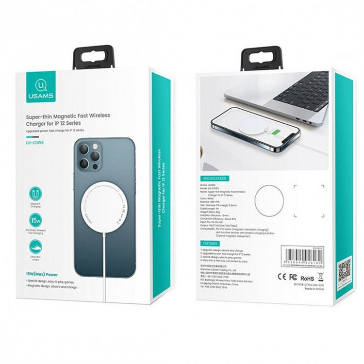Зарядное устройство Usams Extra-thin Magnetic Fast Wireless Charger 15W (US-CD155)