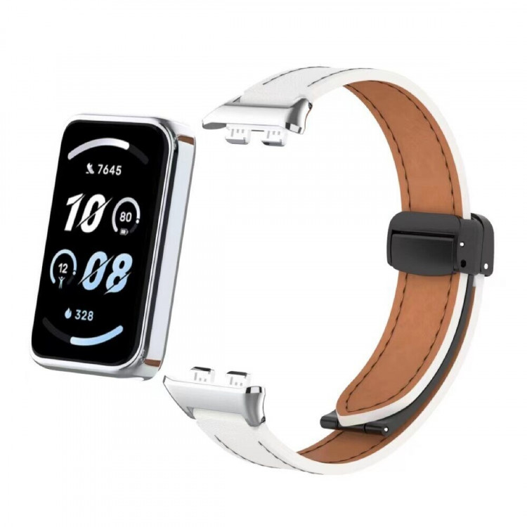 Кожаный ремешок с магнитной застежкой для Honor Band 9 (белый)