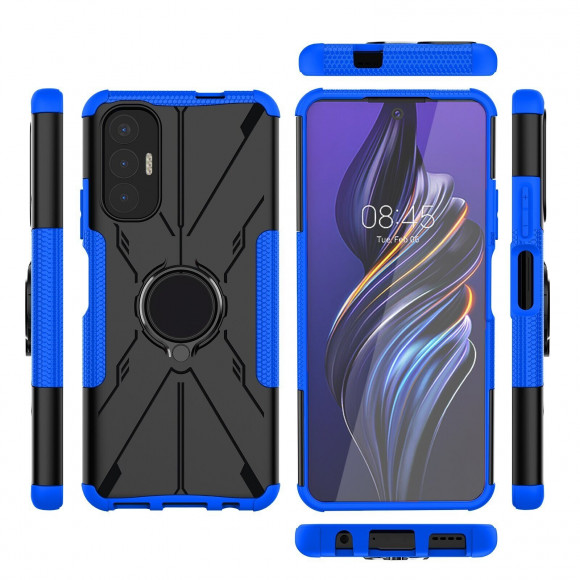Чехол Armor Shockproof Ring Holder для Tecno Pova 3 (черный + голубой) Чехол Armor Shockproof Ring Holder для Tecno Pova 3 (черный + голубой)