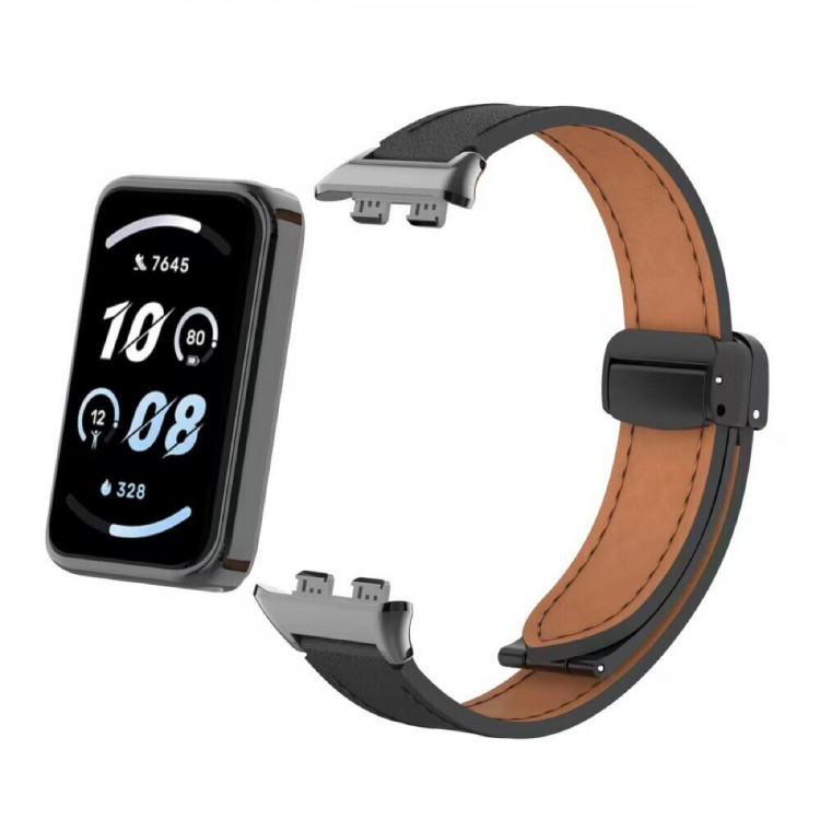 Кожаный ремешок с магнитной застежкой для Honor Band 9 (черный)