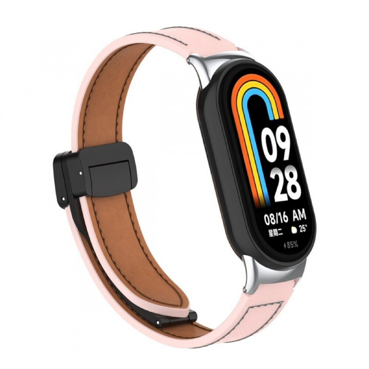 Кожаный ремешок с магнитной застежкой для Xiaomi Mi Smart Band 8, Xiaomi Mi Band 8 (розовый)