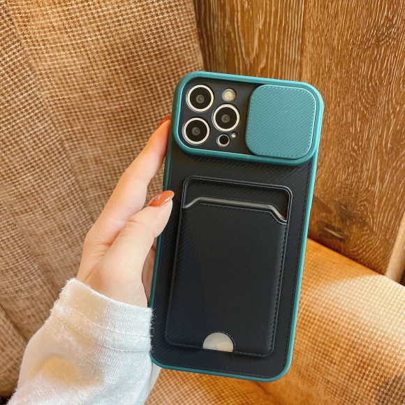 Чехол с отделением для карт и защитой камеры для iPhone 12 (темно-зеленый)