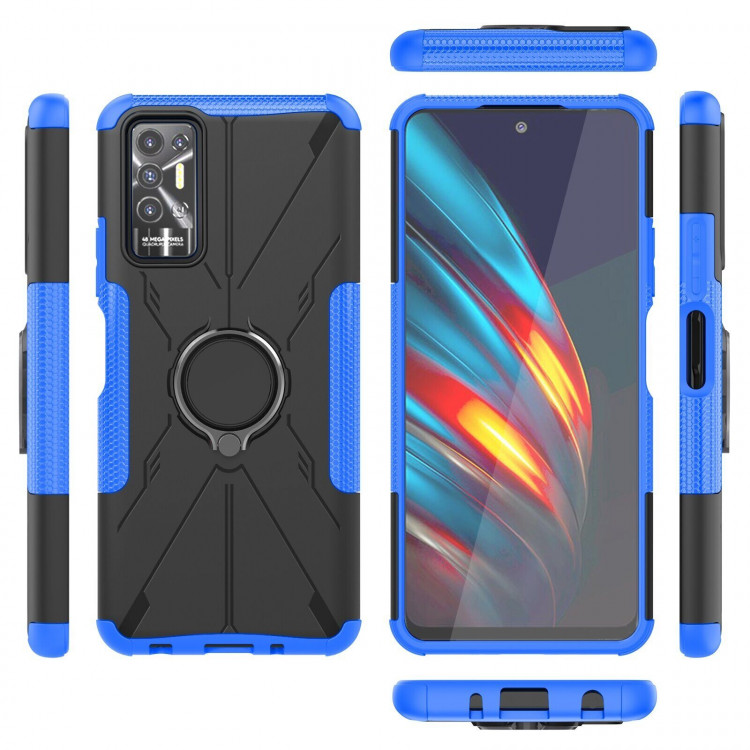Чехол Armor Shockproof Ring Holder для Tecno Pova 2 (черный + голубой)