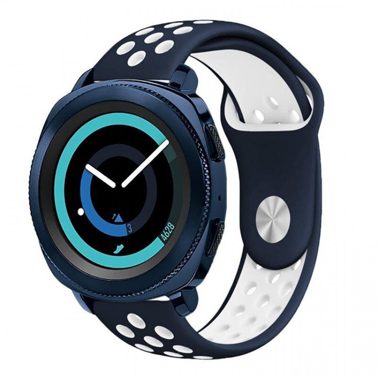Двухцветный силиконовый ремешок для Samsung Gear Sport / Gear S2 Classic / Galaxy Watch 42мм / Watch Active / Watch 3 (41мм) / Watch4 (синий+белый)