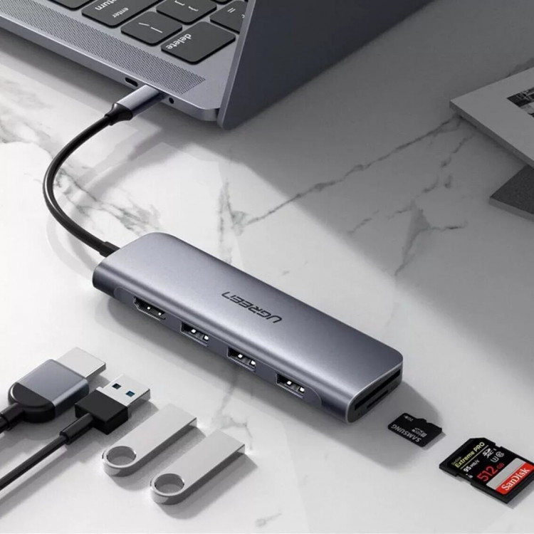 UGREEN. USB-концентратор (хаб) 6 в 1 Type C, 3 x USB 3.0, HDMI, SD, TF (HDMI No PD Model 70410)