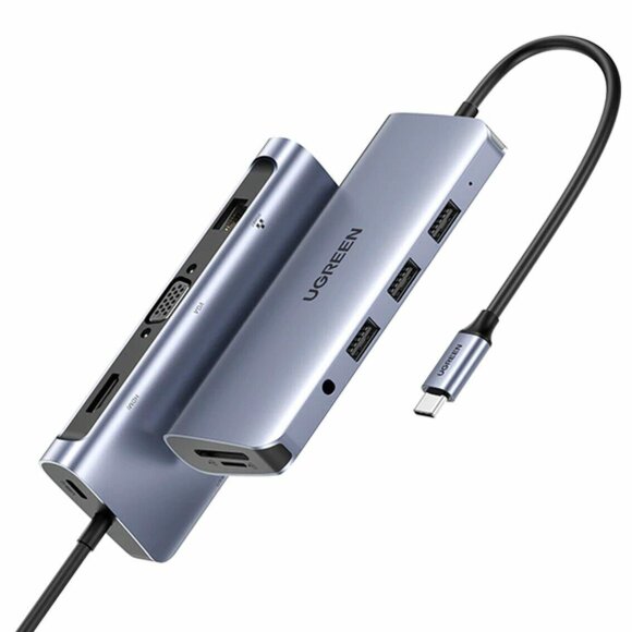 UGREEN. USB-концентратор (хаб) 10 в 1 Type C, 3 x USB 3.0, HDMI, VGA, RJ45, SD, TF, Jack 3,5 mm, PD (Full Function 80133)