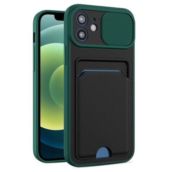 Чехол с отделением для карт и защитой камеры для iPhone 13 Pro (темно-зеленый)