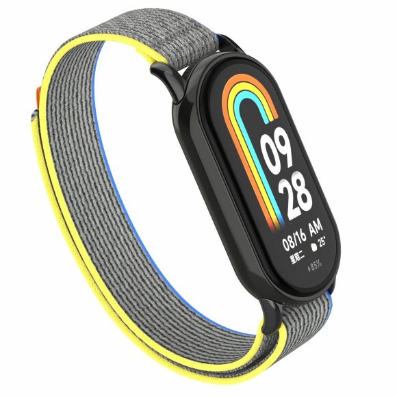 Ремешок с нейлоновой петлей для Xiaomi Mi Smart Band 8, Xiaomi Mi Band 8 (Серый с желтой и голубой окантовкой) Ремешок с нейлоновой петлей для Xiaomi Mi Smart Band 8, Xiaomi Mi Band 8 (Серый с желтой и голубой окантовкой)