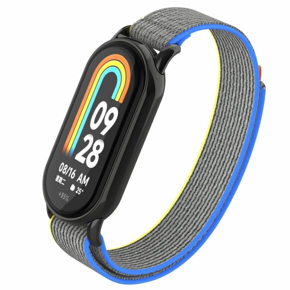 Ремешок с нейлоновой петлей для Xiaomi Mi Smart Band 8, Xiaomi Mi Band 8 (Серый с желтой и голубой окантовкой) Ремешок с нейлоновой петлей для Xiaomi Mi Smart Band 8, Xiaomi Mi Band 8 (Серый с желтой и голубой окантовкой)