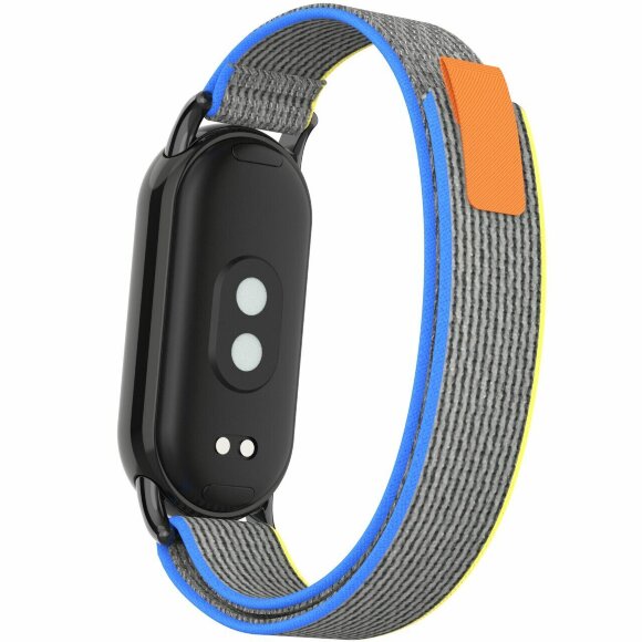 Ремешок с нейлоновой петлей для Xiaomi Mi Smart Band 8, Xiaomi Mi Band 8 (Серый с желтой и голубой окантовкой) Ремешок с нейлоновой петлей для Xiaomi Mi Smart Band 8, Xiaomi Mi Band 8 (Серый с желтой и голубой окантовкой)