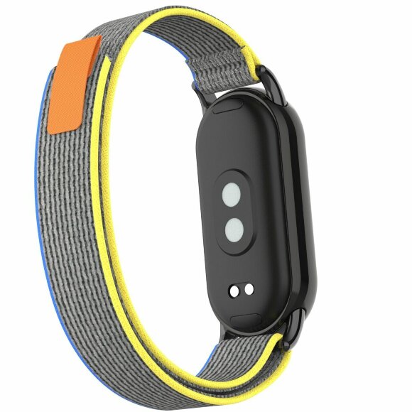 Ремешок с нейлоновой петлей для Xiaomi Mi Smart Band 8, Xiaomi Mi Band 8 (Серый с желтой и голубой окантовкой) Ремешок с нейлоновой петлей для Xiaomi Mi Smart Band 8, Xiaomi Mi Band 8 (Серый с желтой и голубой окантовкой)
