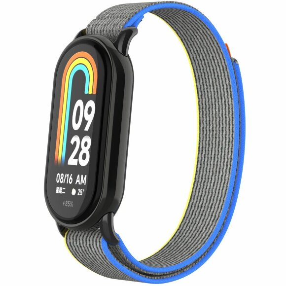Ремешок с нейлоновой петлей для Xiaomi Mi Smart Band 8, Xiaomi Mi Band 8 (Серый с желтой и голубой окантовкой) Ремешок с нейлоновой петлей для Xiaomi Mi Smart Band 8, Xiaomi Mi Band 8 (Серый с желтой и голубой окантовкой)