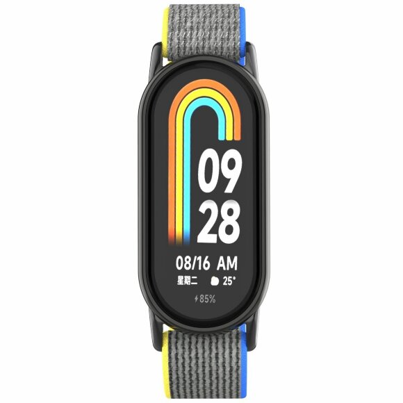 Ремешок с нейлоновой петлей для Xiaomi Mi Smart Band 8, Xiaomi Mi Band 8 (Серый с желтой и голубой окантовкой) Ремешок с нейлоновой петлей для Xiaomi Mi Smart Band 8, Xiaomi Mi Band 8 (Серый с желтой и голубой окантовкой)